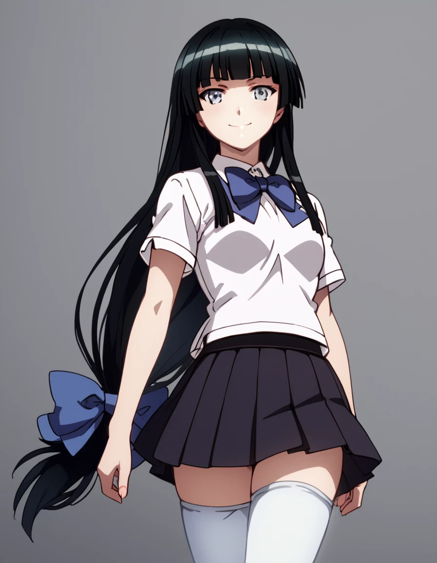 Ume, black hair, very long hair, school uniform, hair ribbon, short sleeves, hair bow, pleated skirt, blunt bangs, grey eyes, low-tied long hair, hime cut, white thighhighs, score_9, score_8_up, score_7_up, score_6_up, score_5_up, score_4_up, source_anime  <lora:Ben-Tou:1>, soft smile, portrait,