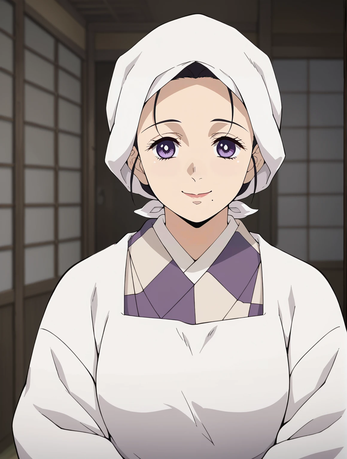 <lora:Kie_Kamado-Kimetsu_no_Yaiba:0.7>,kie,mature female,1girl,solo,purple eyes,black hair,mole under mouth,head scarf,kimono,japanese clothes,apron,kappougi,upper body,looking at viewer,indoors,smile