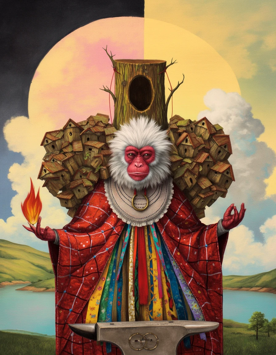 elgc, red faced monkey with white hair with a hollow tree stump with the number 3 painted on it on its head with a bundle of bird houses attached to its back with red string wearing a red cape with white frill around the neck with plaid pattern with lines and dots in the center holding flames with multi colored ribbons with different types of designs down the front of its cape, a gold ring with three rings in the center floating, a line divides the images with an arch at the top between the dark sky on the left and the yellow pink sky with clouds on the right, rooster on anvil, lake with hills in background