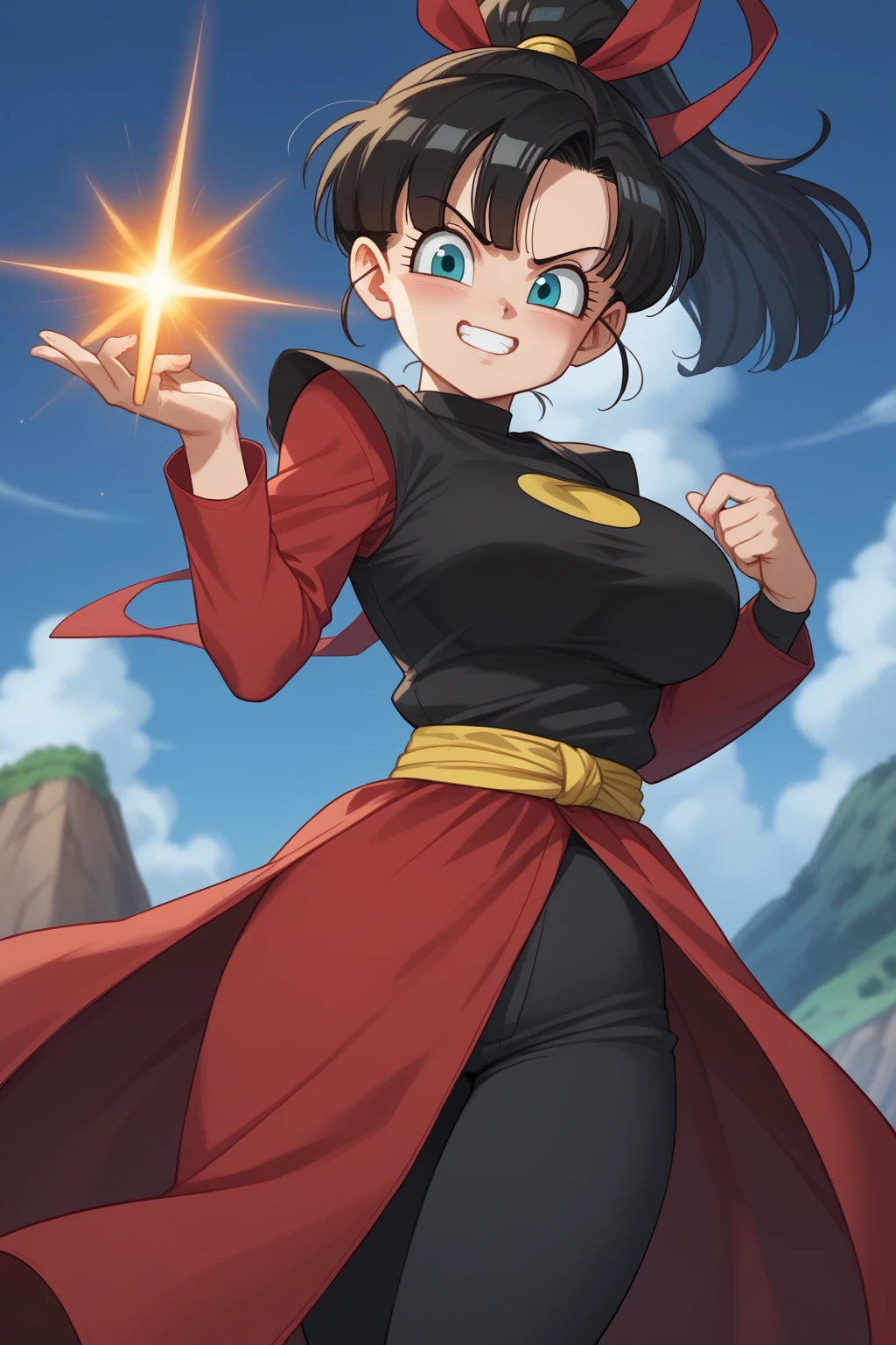 score_9, score_8_up, score_7_up, score_6_up, score_5_up, score_4_up, masterpiece, high quality, BREAK, full body, BREAK, 1girl, <lora:Note (Dragon Ball):0.8> note (dragon_ball), black hair, ponytail, tail, monkey tail, red ribbon, hairpiece, large breasts,