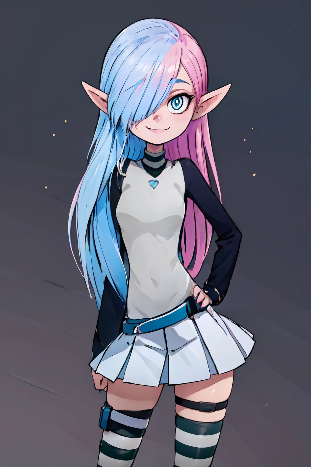 ((masterpiece,best quality)), absurdres,  BREAK, , <lora:Astra_v5:0.7>,   zzAstra, aqua eyes, star (symbol), symbol-shaped pupils,  very long hair, two-tone hair, striped, hair over one eye,  blue hair, pointy ears, long hair,  pink hair,    pleated skirt, hand on hip, thigh strap, turtleneck, striped thighhighs,  , BREAK, side view, hip to the side, contrapposto,, BREAK, solo, smile, looking at viewer, cowboy shot,