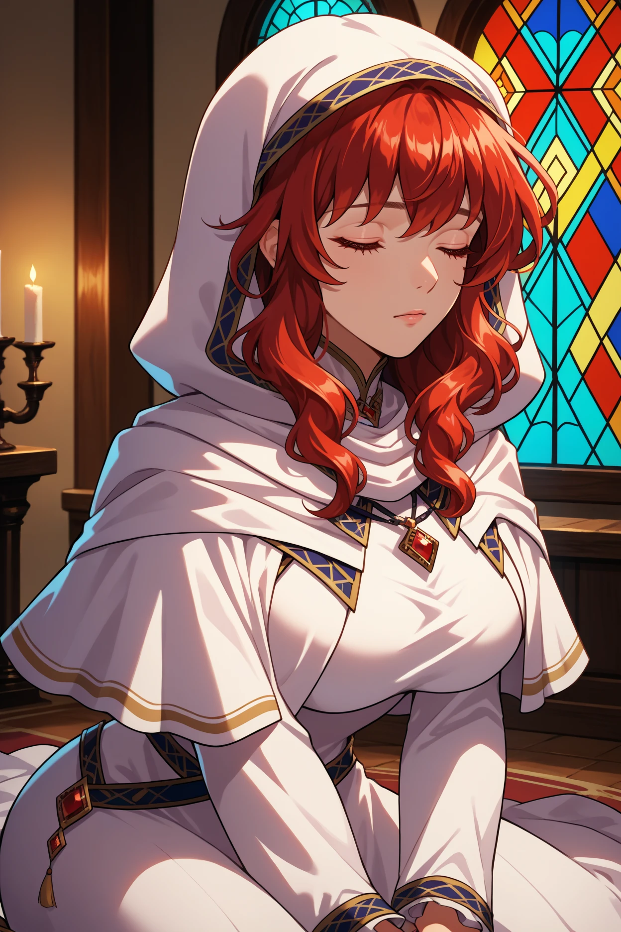 score_9, score_8_up, score_7_up, score_6_up, source_anime, 1girl, solo,  <lora:felena-pdxl-nvwls-v1-000004:1> feLena, red hair, long hair, red eyes, hood up, white robes, white capelet, long sleeves, pendant, long dress, upper body, big breasts, kneeling, closed eyes, indoors, stained glass