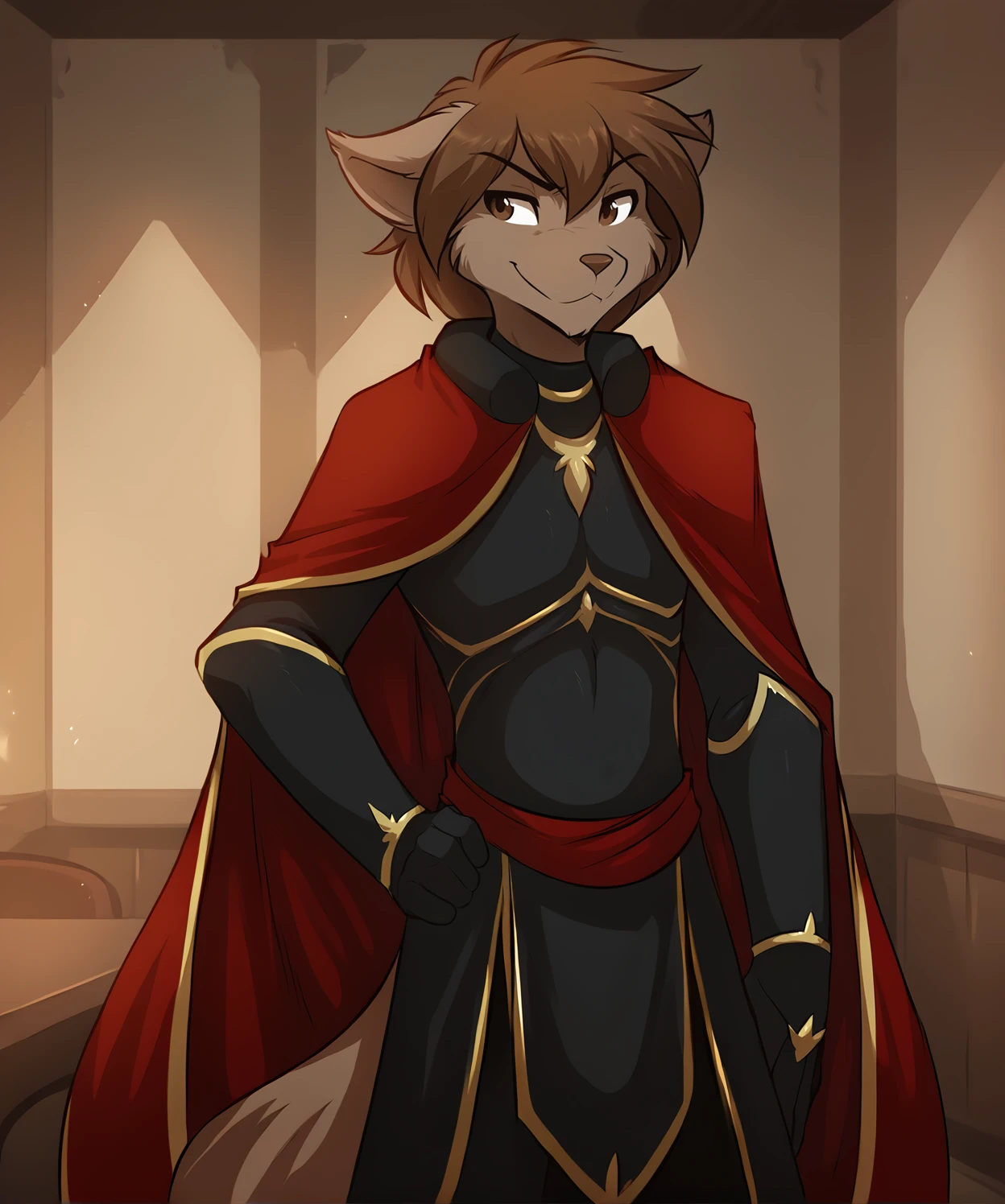 score_9, score_8_up, score_7_up,score_6_up,score_5_up, source_furry
BREAK
solo, furry male anthro, flat chest, (smug), keith-armor2-twokinds, armor, red cape, (indoors, hand on hip), three quarter view
BREAK
<lora:Zen-Twokinds-SDXL-AnonTK-V1:0.8> , zen-twokinds, keidran, mammal, wolf tail, brown eyes, medium hair, <lora:Keith-Armor-2-Twokinds-SDXL-AnonTK-V1:0.7>