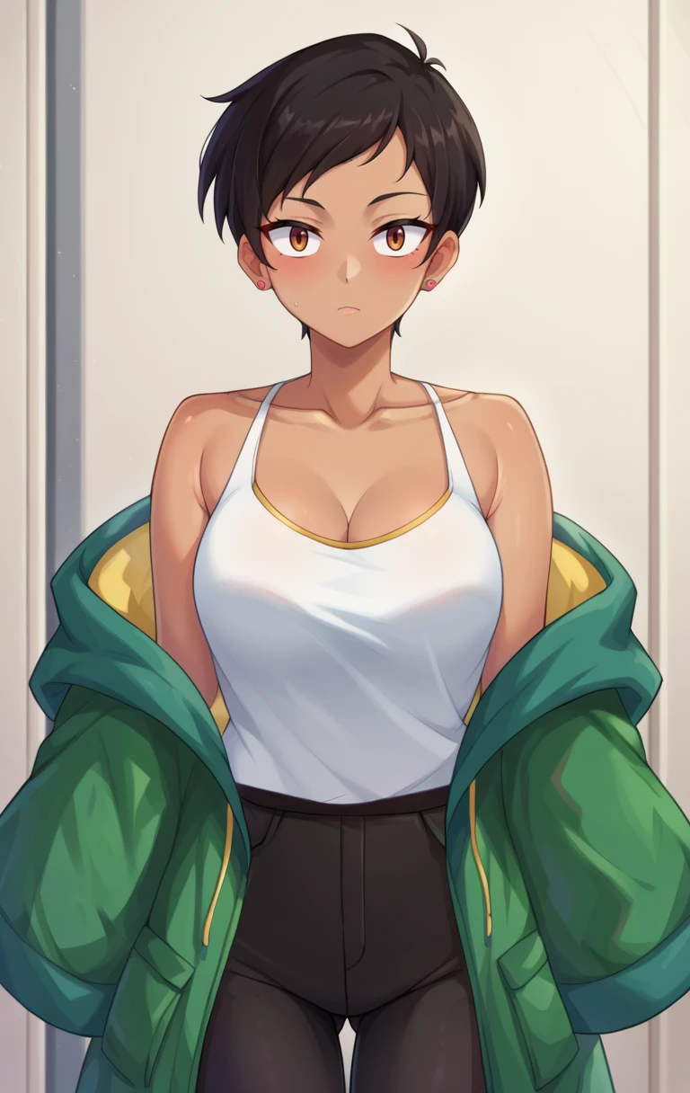 score_9,score_8_up,score_7_up BREAK <lora:lois:1>,LoisSDXL,1girl,short hair,black hair,cleavage,brown eyes,jewelry,earrings,black pants,dark skin,off shoulder,dark-skinned female,green coat,black pants,tank top,,white tank top,cowboy shot,room,room background,