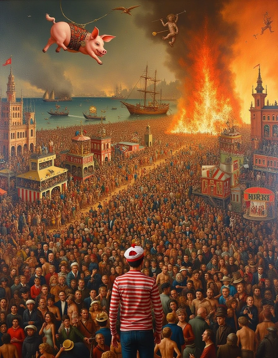 <lora:Wheres_Hieronymus_V3:1>  realistic painting, highly detailed and sharp, hundreds of people, a flying pig, saint Augustine, a procession of trumpeters. a fairground, rides and games on the waterfront. scene takes place in the pits of Hell.  Where's Waldo is mixed in with fthe crowd wearing a red and white stripped shirt, hat and glasses.