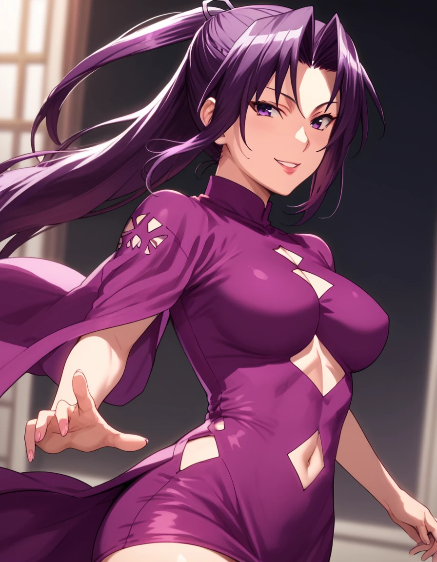 Kazehana, long hair, purple eyes, purple hair, navel, hair over one eye, clothing cutout, short dress, purple dress, navel cutout, high ponytail, skin tight, score_9, score_8_up, score_7_up, score_6_up, score_5_up, score_4_up, source_anime  ,<lora:SekireiSet2:1>, soft smile, dynamic pose,