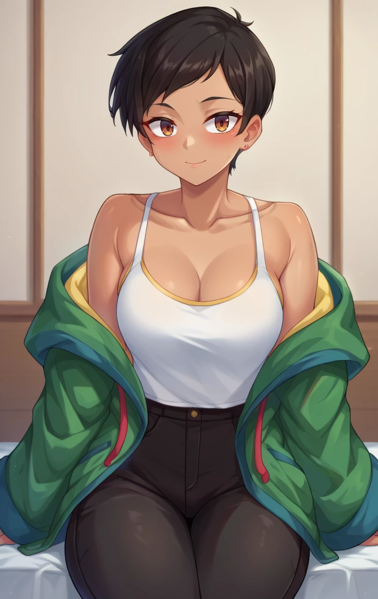 score_9,score_8_up,score_7_up BREAK <lora:lois:1>,LoisSDXL,1girl,short hair,black hair,cleavage,brown eyes,jewelry,earrings,black pants,dark skin,off shoulder,dark-skinned female,green coat,black pants,tank top,white tank top,cowboy shot,room,room background,sitting,