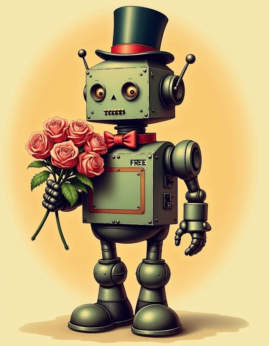 <lora:Vaguely Vintage_epoch_4:0.5>, a vaguely vintage illustration of a robot wearing a bowtie and a tophat and holding a boquet of roses