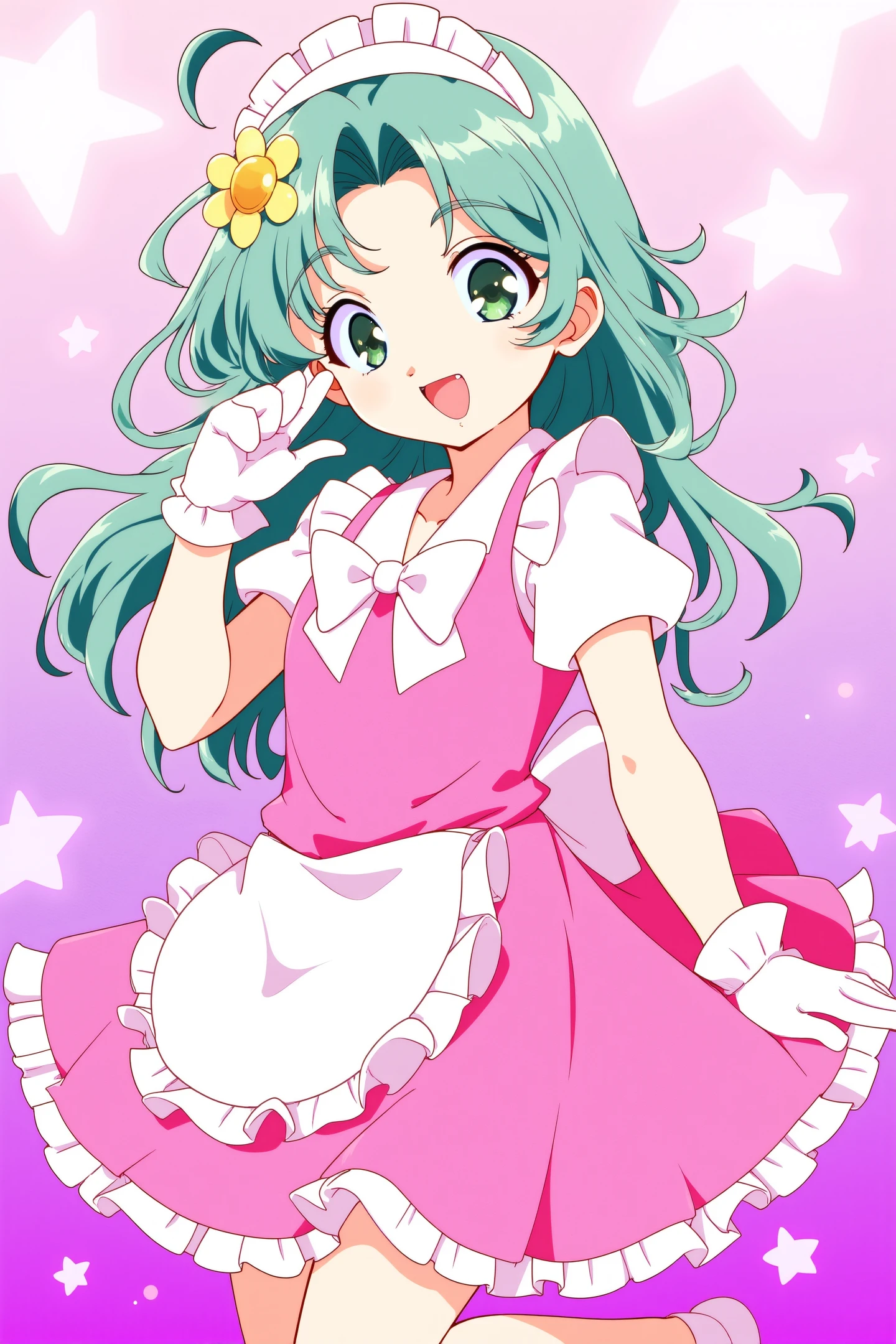 This is a vibrant digital illustration in an anime style,featuring a young female character with long,flowing green hair adorned with a yellow flower accessory. She has large,expressive green eyes and a cheerful,open-mouthed smile,revealing her white teeth. Her outfit is a bright pink dress with a white collar and cuffs,and a large white bow at the chest. The dress has a flared skirt with white trim and a matching white apron. She wears white gloves that extend to her elbows,and her sleeves are puffed at the shoulders. Her shoes are not visible,but the overall attire suggests a magical or fantasy theme. The background is a gradient of pink and purple,with star-shaped elements scattered throughout,enhancing the whimsical and playful atmosphere. The character's pose is dynamic,with one hand raised near her face and the other arm bent at the elbow,suggesting a sense of movement and excitement. The illustration is highly detailed,with clean lines and vibrant colors,typical of modern anime art.,
<lora:hrn_yc:1>,