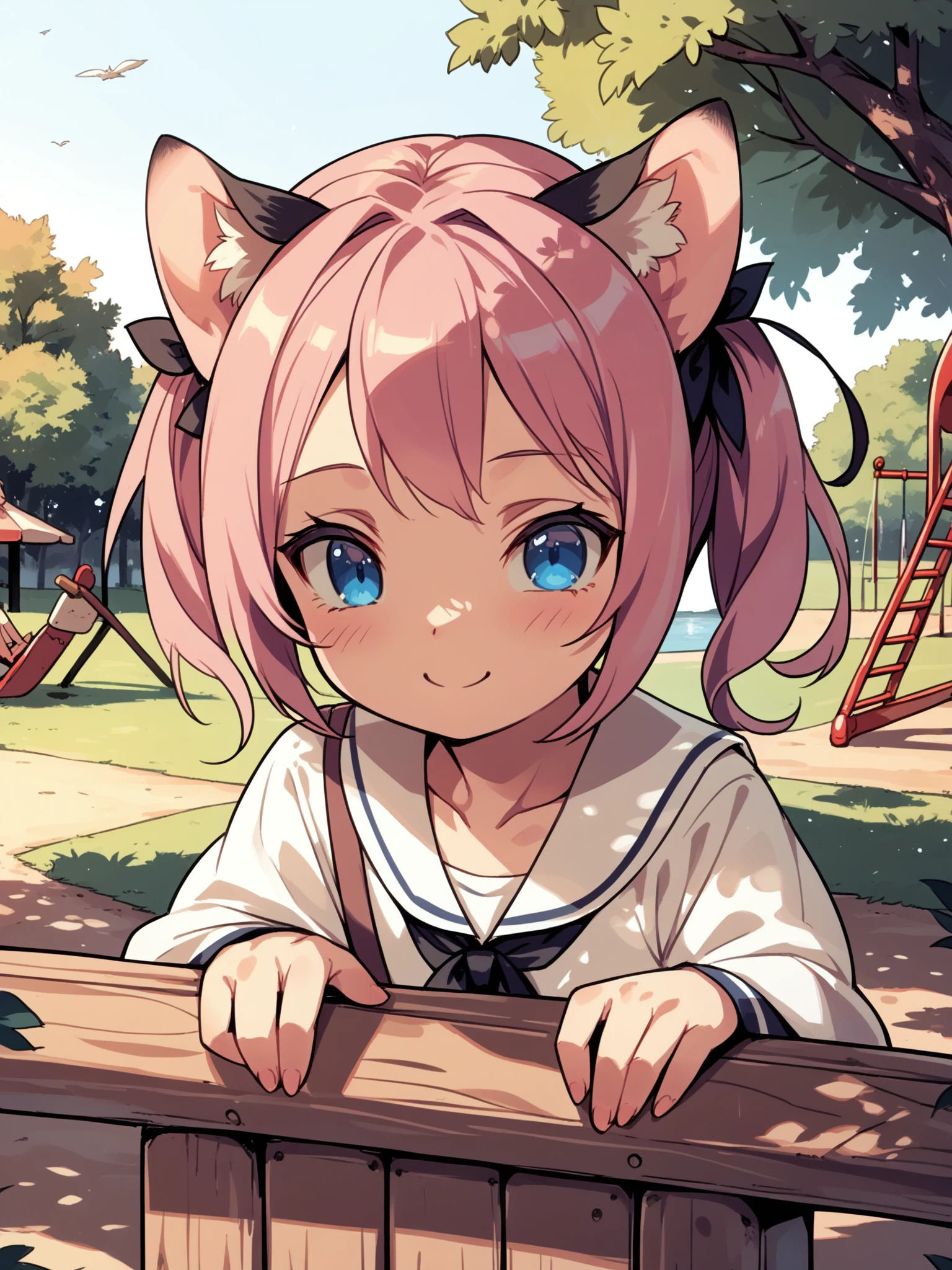 (solo focus, upper body:1.2) <lora:happy_tentacle-necomimi-v0.1-000028:1>, ht_necomimi, pink hair, blue eyes, animal ears, (petite:1.2), ( :1.1) ( ( head tilt :0.8) , , ( aroused :1.2) , smile , (looking at another:1.2) :1) , outdoors, vegetation, (overgrown :1.1), , (dawn :0.6), , (:0.5), people , (medieval :0.8), (playground:1.2), park, (horizontal bar, slide, seesaw, swing set, playing:0.6), ( :0.8) score_9, score_8_up, score_7_up, score_6_up, score_5_up, score_4_up, ( [(realistic, photorealistic:1.3):(realistic:1.3):14] [(3d:1.2)::12] :1) <lora:LUUNA's Lunas-NijiJourney-SDXL-B2:0.3>, nijijourney <lora:prgfrg23's Counterfeit-V3.0 Style SDXL_LoRA_Pony Diffusion V6 XL:0.3> <lora:mfcg's mfcgXL:0.12> <lora:reweik's gyokai(himehajime)_PonyXL_style_v01:0.14>