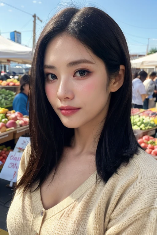 masterpiece, best quality, ultra-detailed, ultra high res, (photorealistic:1.4), raw photo, (realistic:0.2), 8k HDR, realistic lighting, looking at viewer, 1girl, solo, asymmetrical hair, outdoor, sky, (traditional market:1.2), bokeh, (detailed lips), (day), (detailed pores), (detailed skin textures), (detailed face:1.2), (body:1.2), cowboy shot, a woman portrait in a cardigan,