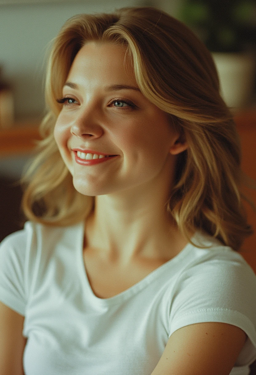 1970s, 70s, blurry old photograph of natalie dormer, 35 years old, smiling, wearing a white tshirt, in a living room, detailed face, in the 70s, bleached scratched damaged torn smudged dirty wrinkled polaroid, kodak portra 400, cine film still, soft lighting, highly detailed, absurdres