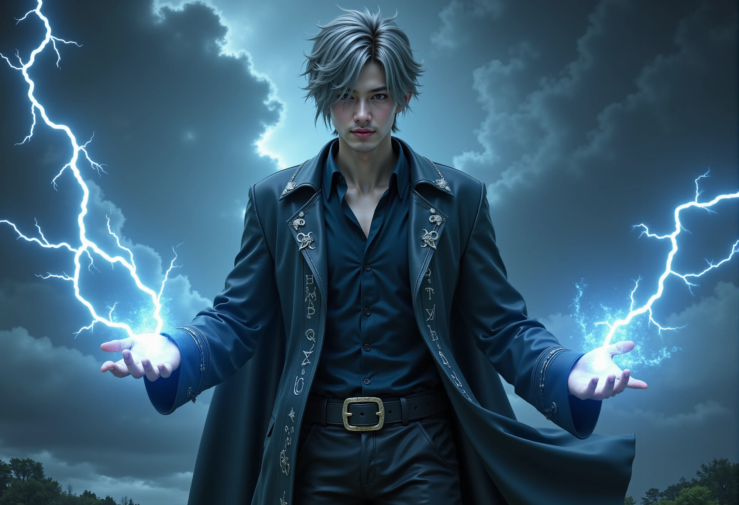 <lora:AntiBlur:2>, ffx5_style
ffxv_style, a highly detailed, realistic CGI image, a digital artwork featuring a young man with an intense and commanding presence. He has short, silver hair that is windswept as he stands at the center of a powerful storm. His skin has a pale, metallic sheen, and his eyes glow with a deep, electric blue. He wears a sleek, dark, form-fitting robe adorned with glowing, silver runes that pulse with energy. Lightning arcs between his outstretched hands, and his expression is one of focus and power. The background is a swirling mass of storm clouds and flashes of lightning, evoking chaos and elemental fury. The overall mood is one of power and control, with a dynamic focus on the mageâs mastery over the storm. The lighting is harsh and dramatic, with bright flashes of lightning illuminating the intricate textures of his robes and hair. The image is surreal and intense, capturing the raw force of elemental magic. His expression, calm and determined amidst the storm, adds to the sense of strength and command. The stormy background heightens the tension and energy of the scene, with arcs of lightning creating a sense of movement and power.