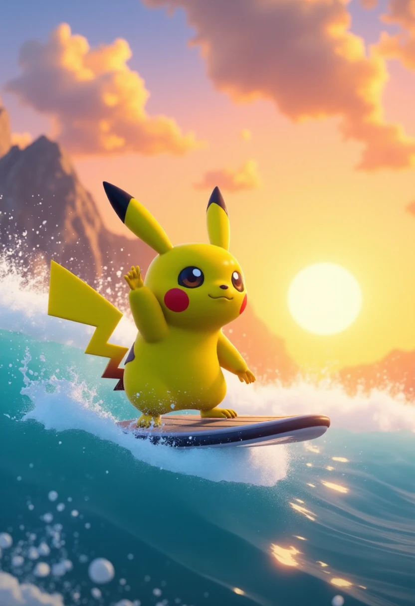 splatoonstyle, Pikachu on a surfboard riding the waves at sunset.    <lora:Splatoon_Style_F1D-000015:0.7>