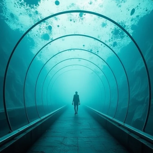 Midjourney style, cinematic quality, macro, Underwater Glass Dome Walkway, Foggy, Ocean, Beautiful, Creepy, Melting, Web, 8k, by Tristan Eaton, Stanley Artgerm, Tom Bagshaw, Greg Rutkowski, Carne Griffiths, Ayami Kojima, Beksinski, Giger, DeviantArt trend, Face Enhancement, Hyperdetailed, Minimal, Horror, Alien,