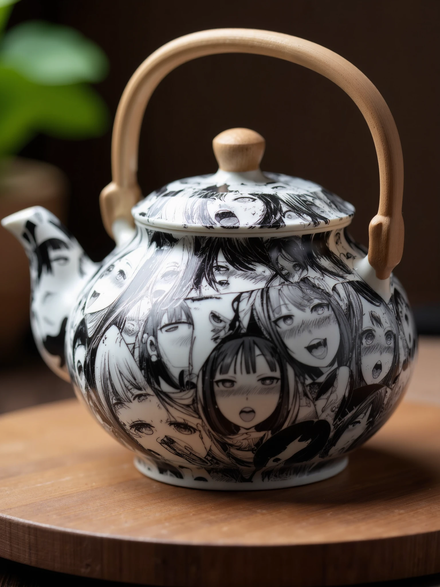 a teapot with ahegao_pattern expertly painted on it, best quality, 4k, 8k, high resolution, cinematic, vibrant, intricate, Hyperrealistic, high detail