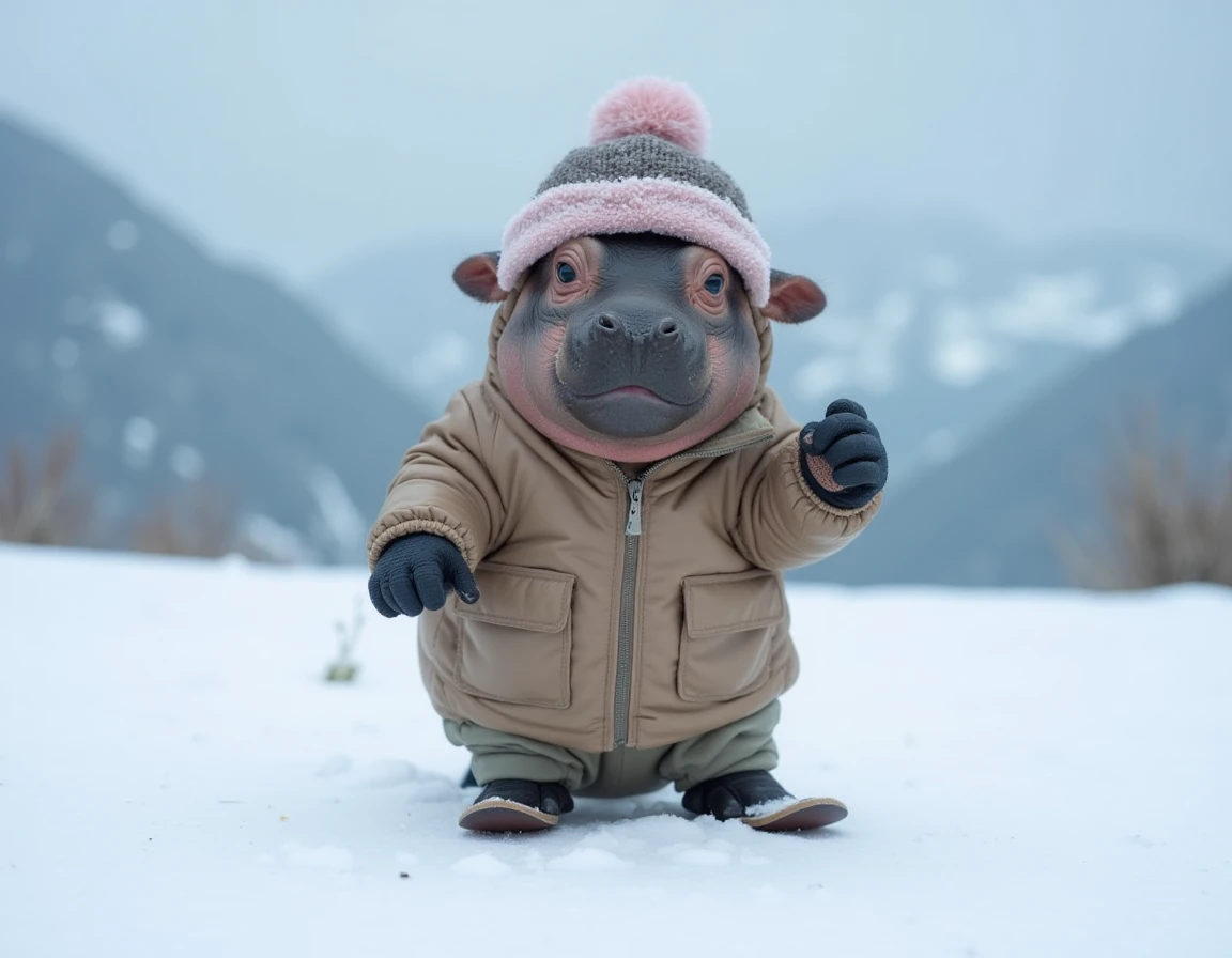 a photo of a happy cute small tiny mini baby hippo in a top hat wearing ski outfit,on the snowy mountain,posing for a photo,<lora:baby_hippo:1>