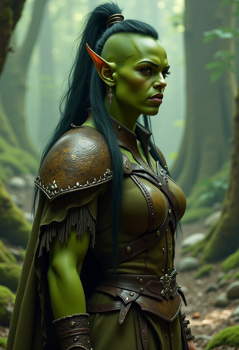 A realistic image of a strong green-skinned orc woman warrior in a fantasy world.