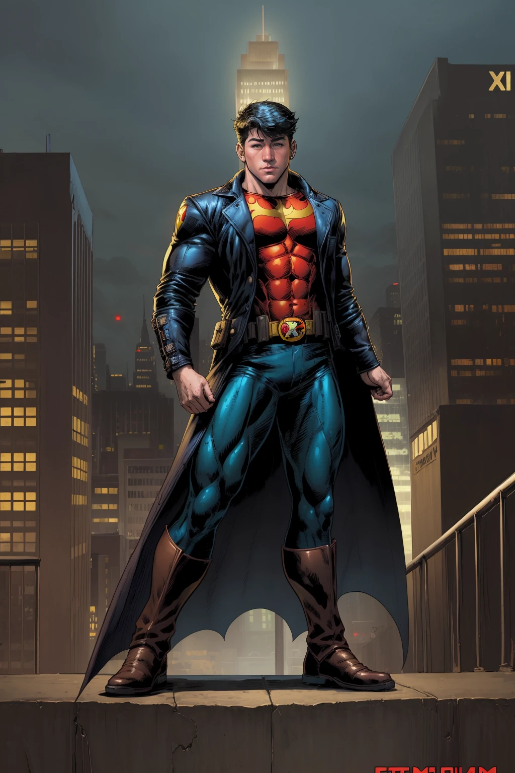 comic illustration, jim lee style, <lora:ethan_wilson_epoch_9:0.8>,  ethanwilsonperson, dressed as robin, gotham city, dc comics