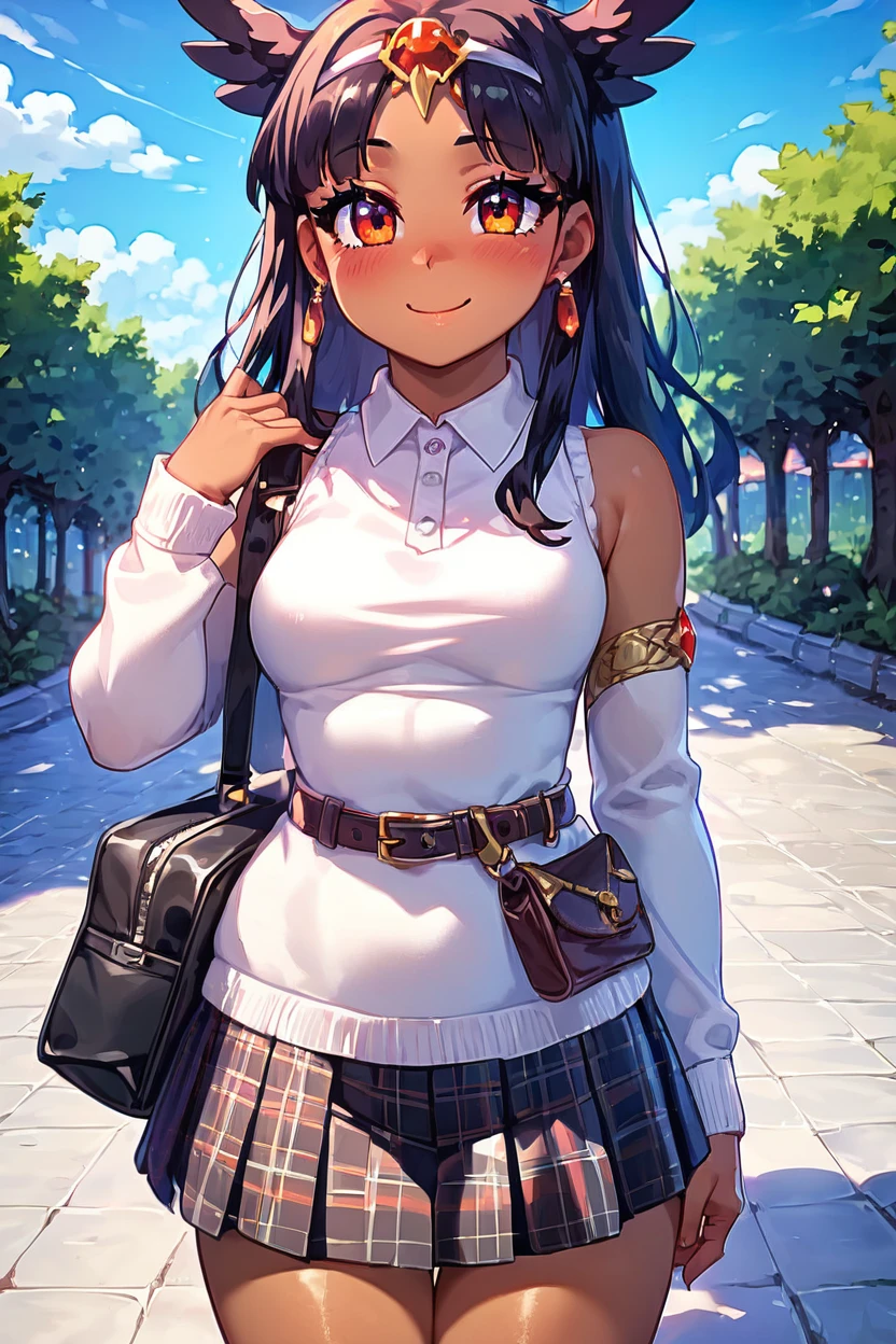 score_9, score_8_up, score_8, medium breasts, (curvy), cute, eyelashes,       BREAK, , zzToto, dark skin, 1girl, blush, black hair, jewelry, sky, day,  bandages, white dress, sleeveless dress,    <lora:Toto_Takatsu_PDXL:0.8>, , BREAK, closed mouth, alternate costume, smile, looking at viewer, collared shirt, blush, sweater, black skirt, eyelashes, long sleeves, sleeves past wrists, plaid skirt, shoulder bag, black bag, blurry, tile floor, pleated skirt, white shirt, cowboy shot,  embedding:zPDXL, Expressiveh,  <lora:Vivid:0.7>,  <lora:Uncensored_PonyXL_cpt_v02.09:0.4>,  <lora:Expressive_H-000001:0.4>,