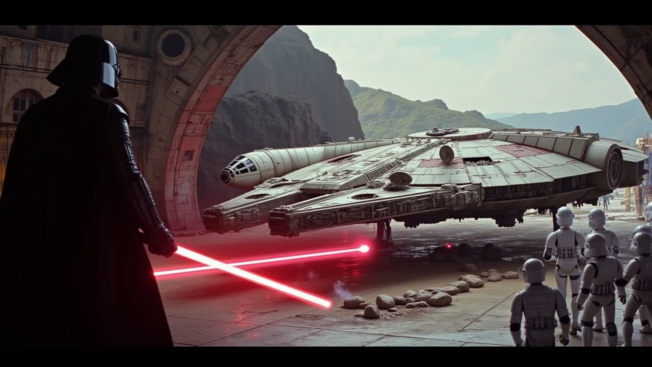 a movie still of a millenium falcon,rear view,taking off at the spaceport,alderan,stormtroopers shooting at the ship,dramatic camera angle,darth vader with a red lightsaber in foreground facing the spaceship,star wars style,lucasfilm,intricate details, <lora:millenium_falcon:1.1>