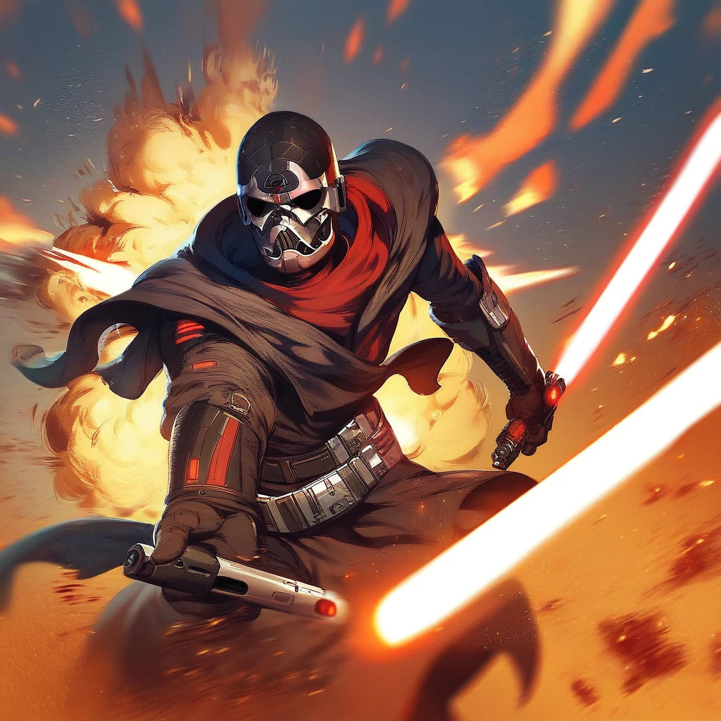 score_9, score_8_up, score_7_up, score_6_up, darthnox, star wars, energy sword, weapon, lightsaber, 1boy, sword, male focus, laser, solo, explosion, mask, science fiction, holding, belt, science fiction