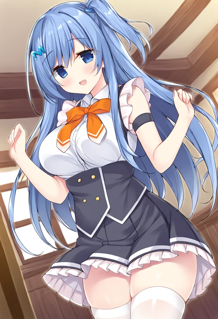 emori miku, blue eyes, blue hair, hair between eyes, blue hairclip, one side up, long hair, medium breasts, :d, white shirt, frills, bare shoulders, sleeveless, orange bow, frilled skirt, pleated skirt, black skirt, thighhighs, indoors, <lora:Character_Emori Miku:0.8>