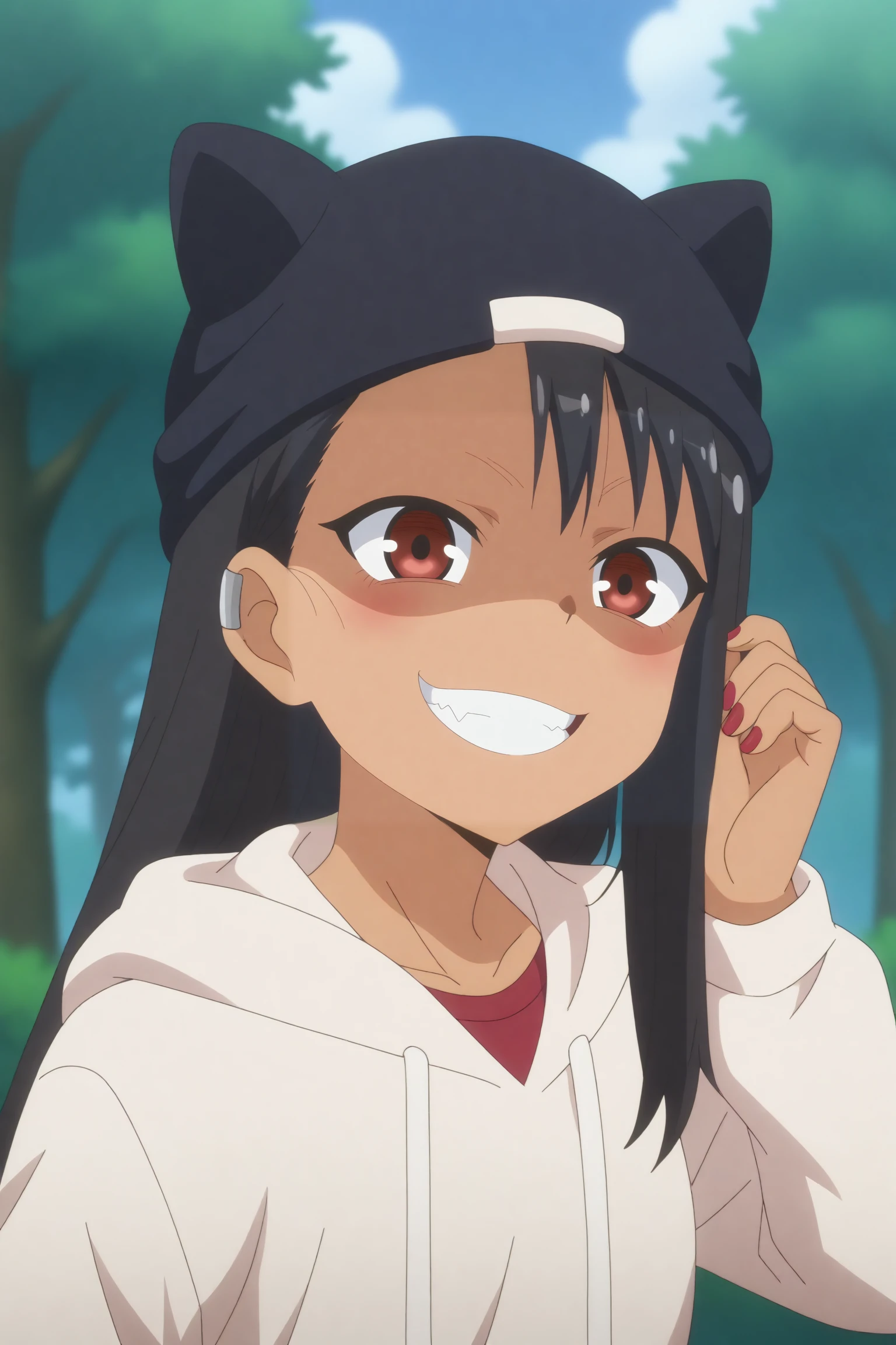 hayase nagatoro,1girl,solo, black hair, hat, brown eyes, dark skin, long hair, hood, hoodie, dark-skinned female, baseball cap, looking at viewer, red nails, open mouth, sweatdrop, nail polish, forest, collarbone, smile, black headwear, nature, hand on headwear, upper body, outdoors, tree, shaded face, fangs, tan,clenched teeth,dark skin, dark-skinned female, adjusting headwear