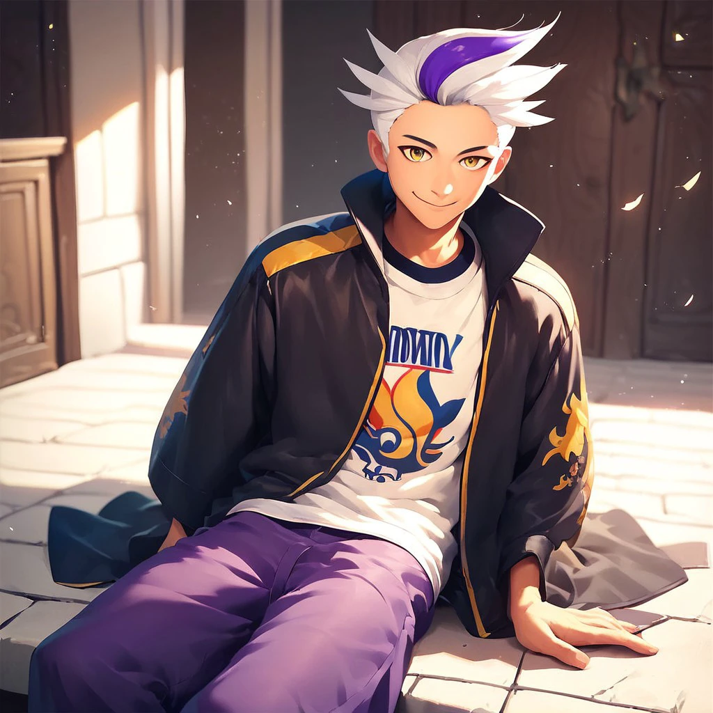 (masterpiece), score_9, score_8_up, score_7_up, score_6_up, score_5_up, score_4_up, 1boy, solo, Drayton (pokemonSV), Multicolored hair, white hair, Yellow eyes, open jacket, shirt, purple skirt, pants, smile, looking at viewer