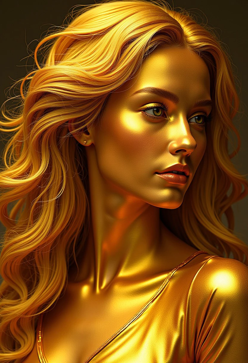 An image of a female made of gold with gold hair.