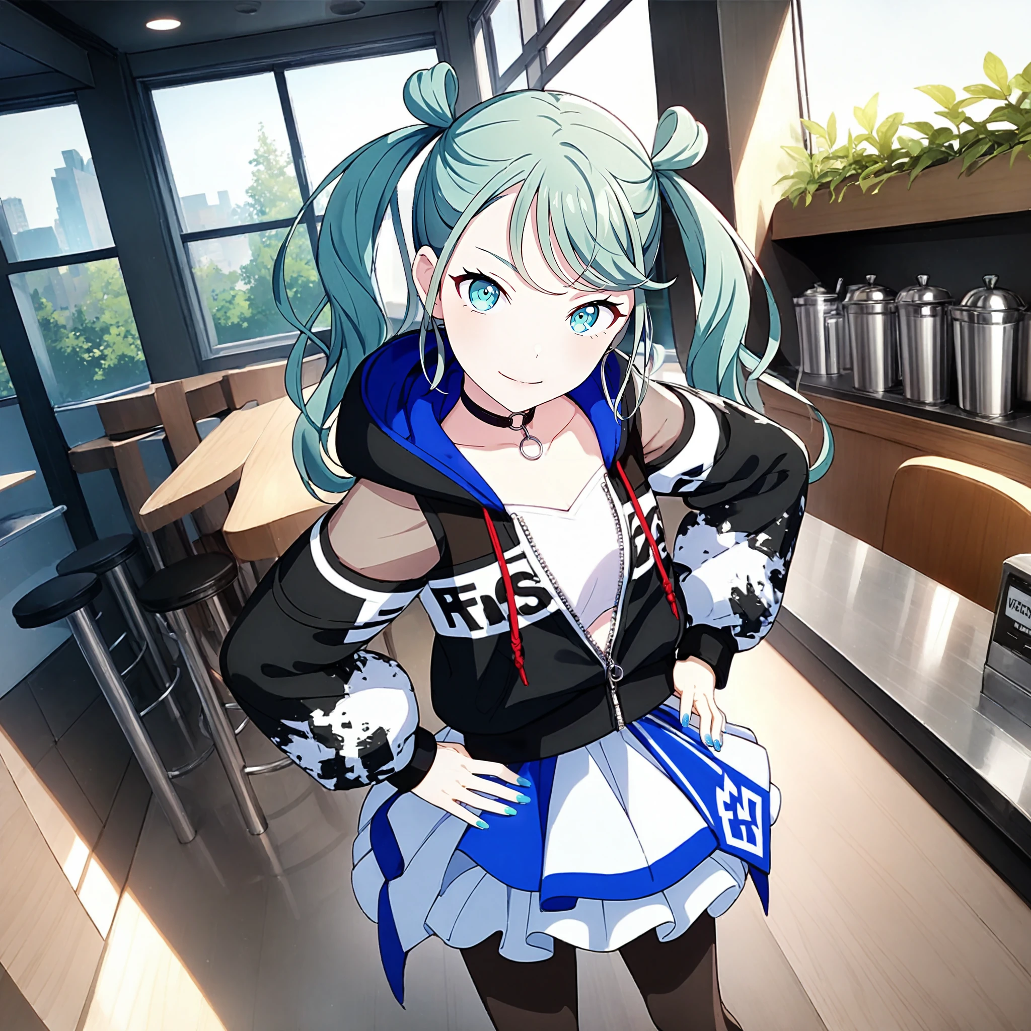 1girl, vivid bad squad miku, project sekai, masterpiece, very aesthetic, absurdres, official art,
vbsmiku, solo, aqua very long hair, twintails, aqua eyes, nail polish, aqua nail, 
(looking at viewer:1.4), light smile, standing, contrapposto, hands on hip, 
long hair, skirt, twintails, pantyhose, blue skirt, jacket, black pantyhose, zipper, hood, choker, blue eyes, black jacket, print jacket, collarbone, shirt, jewelry, zipper pull tab, partially unzipped, white shirt, hooded jacket, layered skirt, long sleeves, pendant choker, black choker, collar, drawstring, see-through, frilled skirt, hood down, hoodie, clothes writing, open clothes, frills, o-ring, hoop earrings, pleated skirt, o-ring choker, multicolored clothes, 
in cafeteria, cups and saucers, bar counter, large window, trees, table, chair,
 <lora:sdxl-vs-vbsMiku05:0.8:lbw=XL-Clear>