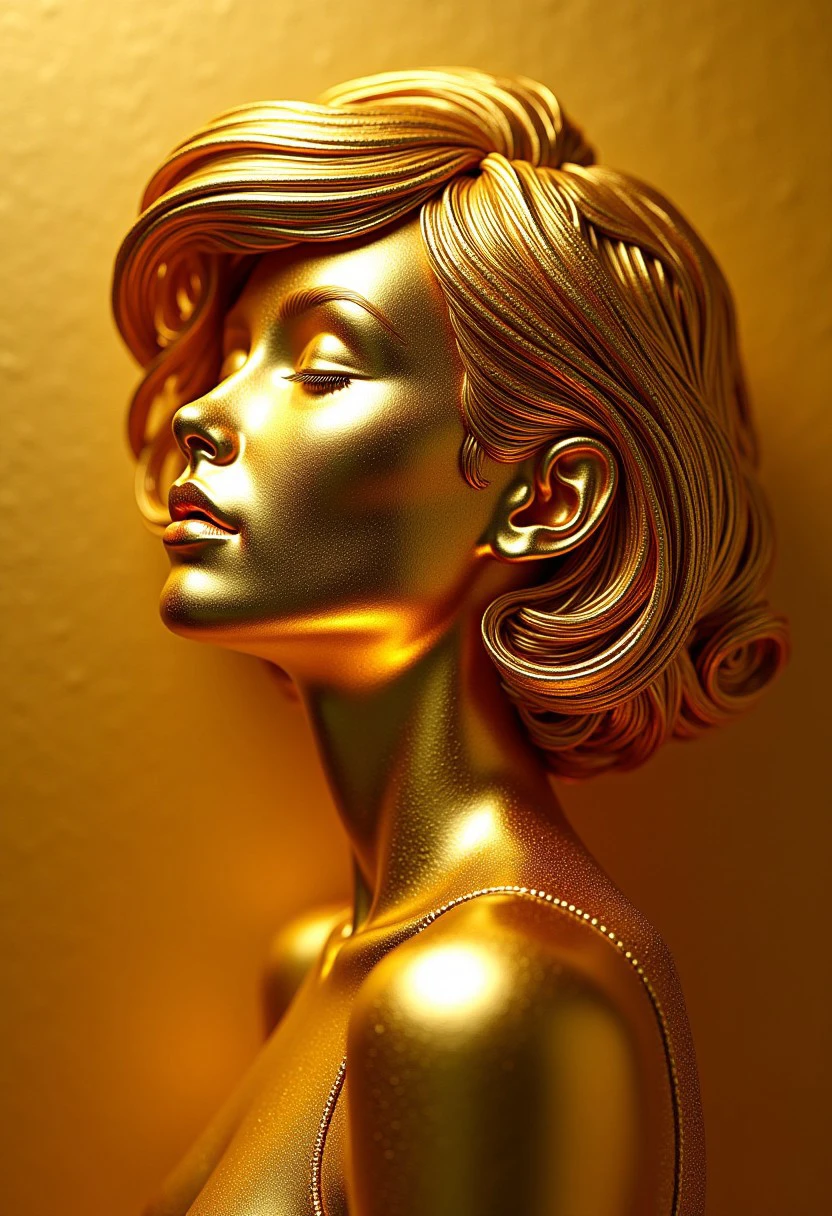 An image of a female made of gold with gold hair.