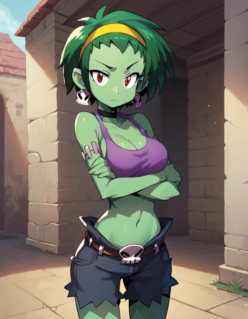 <lora:RottyTopsPony:1.0> RottyTops, skull earrings, solo, red eyes, navel, yellow hairband, shorts, breasts, 1girl, green skin, green hair, short hair, belt, zombie, purple tank top, medium breasts, cowboy shot, choker, cleavage, looking at viewer, skull, bare shoulders,  score_9, score_8_up, score_7_up, score_6_up ,looking at viewer,outdoors,  cowboy shot, crossed arms,