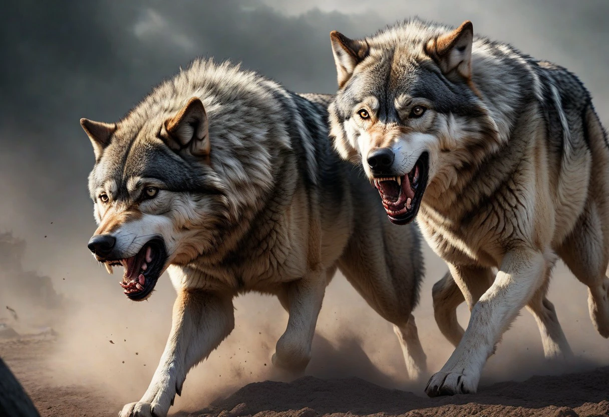 ultra-realistic rendering in phoro-realistic style with high quality, excellent resolution, clear, detailed and well-focused images, detailed and correct anatomy, depicting 2 huge ((wolf)) in a fierce battle for supremacy in the pack, ,blood in the mouth,aggressive behavior, fury, dynamic pose, discovery style, sci-fi, style