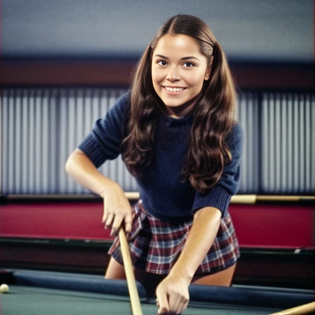 <lora:Barbara_Barton:1> barbara_barton, 1girl, brunette, playing pool, sweater, short skirt, smiling, sfw, wavy hair