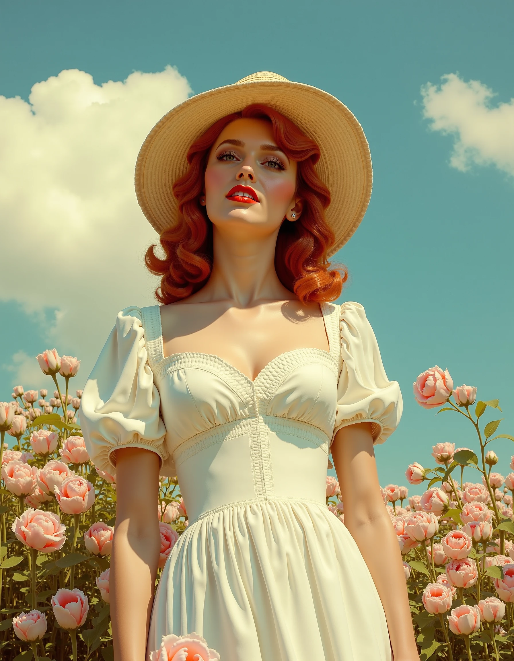 <lora:Vaguely Vintage_epoch_4:0.5>, a vaguely vintage picture of a woman wearing a white sundress and a wide-brimmed hat, wavy red hair and blue eyes, in a flower garden, bright blue sky with fluffy white clouds, summer day