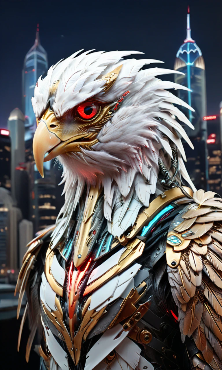 <lora:biomaniod:0.8>,xsbio, medium shot portrait of a cybernetic eagle, metallic feathers::3 with neon streaks, cybernetic talons, glowing red eye, focused expression, digital city skyline in the background, dramatic lighting, ultra-detailed