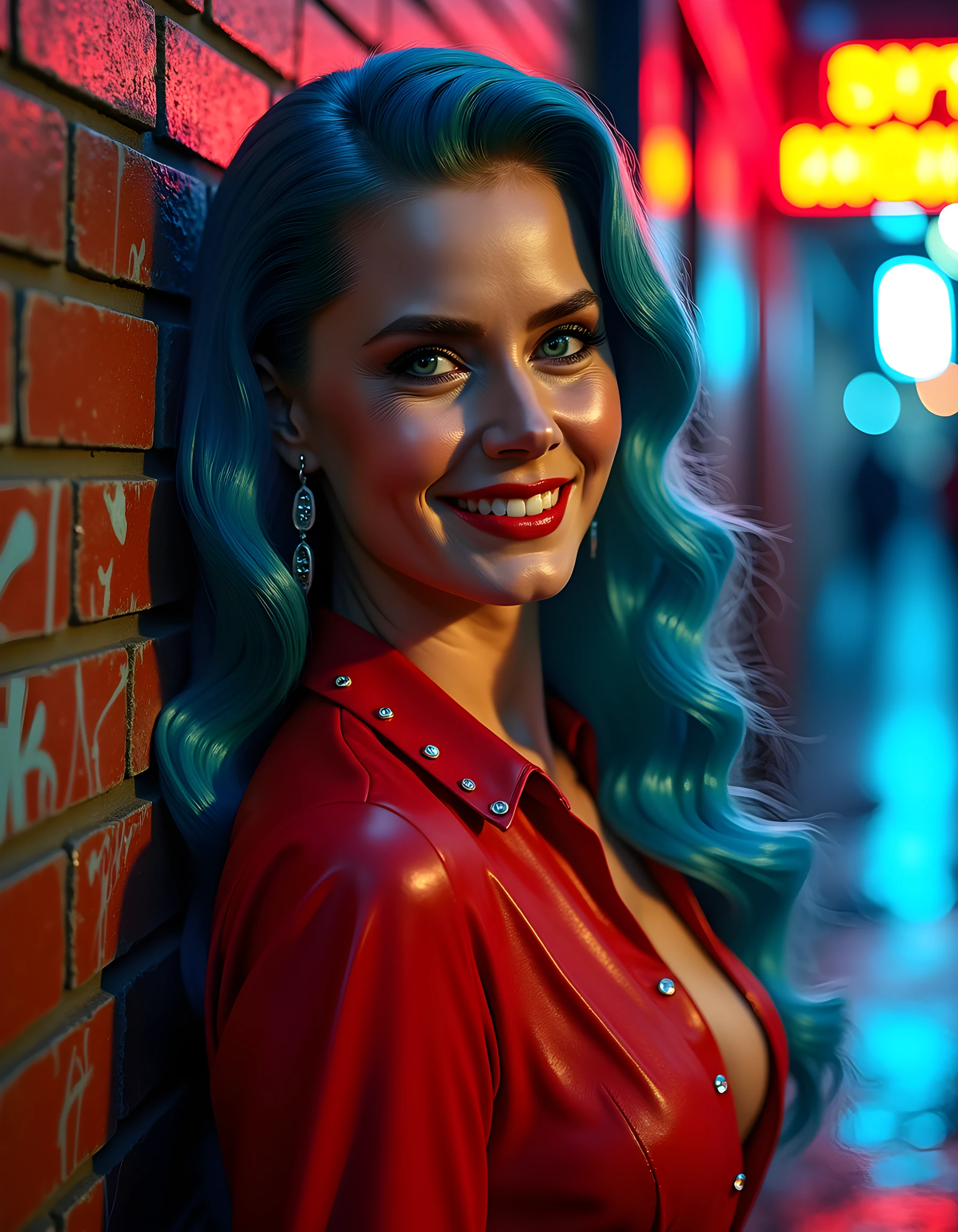 In a gritty, noir-inspired setting of dimly lit, rain-soaked streets in the heart of 1940s New York City, the camera focuses on AMY4D4MS, a striking woman with long, wavy blue hair that cascades down her shoulders, wearing a sleek, form-fitting red shirt adorned with silver studs and a single pair of large, glittering earrings. Her piercing blue eyes are illuminated by the flickering neon lights from a nearby diner, casting an eerie glow across her face as she offers a radiant smile, revealing perfectly white teeth in contrast to the gritty backdrop. The image is captured from a low angle, emphasizing her height and confidence, as she looks directly at the viewer with an air of mystery and intrigue, posed casually against a graffiti-covered brick wall, the raindrops creating beads of water that run down her face and add to the overall sense of tension and emotion in this captivating photograph.