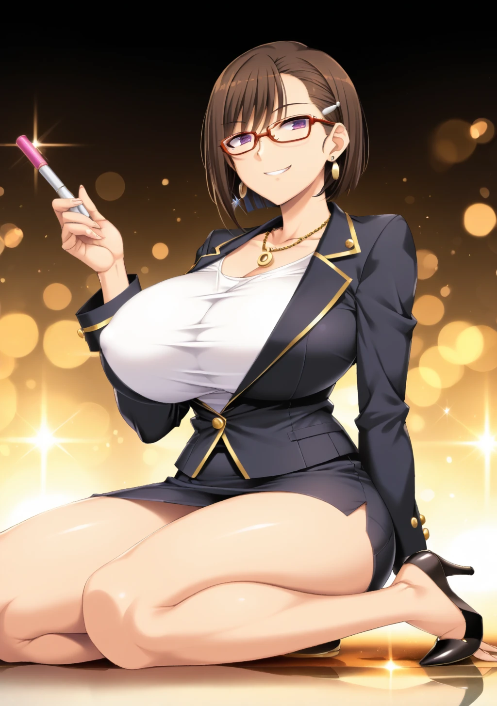 score_9, score_8_up, score_7_up, source_anime,high detail, detailed face,1girl,(huge breasts:1.2),awaza,brown hair, purple eyes,short hair,bangs, jewelry, earrings,necklace,formal suit, pencil skirt,black jacket,white shirt,highheels, <lora:awaza:0.8>,ttads, shiny, (still life),bokeh, reflective floor,holding cosmetics,sitting,smile,
BREAK yellow theme,(metal:1.1),sparkle,glowing,gold trim, simple background,<lora:TTads_Cosmetics:1>