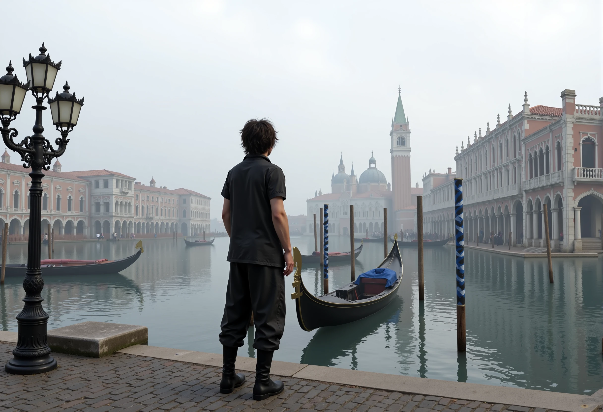 <lora:AntiBlur:2>, ffx5_style
A highly detailed, realistic CGI image, a photograph of a serene, misty scene set in a picturesque, historic European city, likely Venice, given the architecture and the presence of a gondola. The image features a person, likely a male, standing on the edge of a canal, gazing out at the cityscape. He is dressed in a black outfit, including a short-sleeved shirt and loose-fitting pants, with black boots that reach his ankles. His dark hair is styled in a messy, tousled manner. The background showcases a majestic, Baroque-style cityscape with ornate buildings, grand piazzas, and intricate architecture. The buildings are adorned with ornate details, including balconies, arches, and domes. The sky above is a pale, misty gray, contributing to the serene atmosphere. In the foreground, a gondola is moored to a black, ornate lamp post with blue and white striped poles, adding a touch of classic Venetian charm. The water in the canal is calm, reflecting the city's architecture with a sense of symmetry and harmony. The overall mood is peaceful and contemplative, inviting the viewer to step into this enchanting, historical setting. The image's color palette is muted, with a focus on earthy tones and soft, muted colors. The atmosphere is tranquil, with a sense of history and cultural richness.