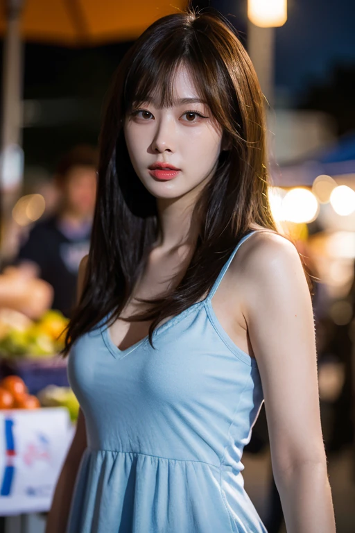 masterpiece, best quality, ultra-detailed, ultra high res, (photorealistic:1.4), raw photo, (realistic:0.2), 8k HDR, realistic lighting, looking at viewer, 1girl, solo, asymmetrical hair, bangs, outdoor, sky, (traditional market:1.2), bokeh, (detailed lips), (day), (detailed pores), (detailed skin textures), (detailed face:1.2), (body:1.2), cowboy shot, a woman portrait in a sundress,