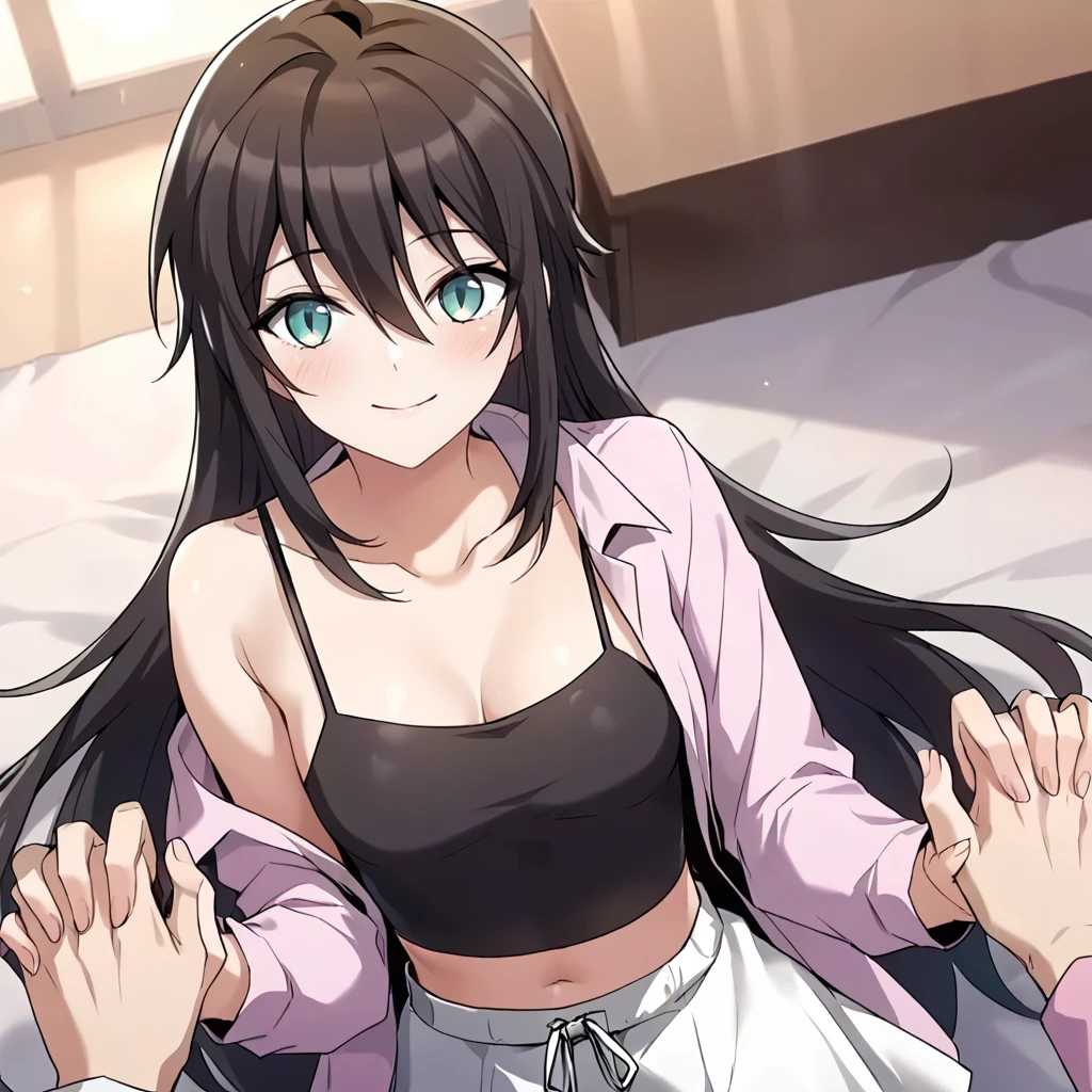 1girl, solo, rurin, long hair, black hair, aqua eyes, slit pupils, hair between eyes, bangs, sidelocks, collarbone, breasts, cleavage, small breasts, hips, thighs, navel, midriff, black camisole, pink jacket, open jacket, white skirt, blush, holding hands, pov, interlocked fingers, 
looking at viewer, smile, closed mouth, facing viewer, 
score_9, score_8_up, score_7_up, masterpiece,
<lora:Rurin_r1:0.8>