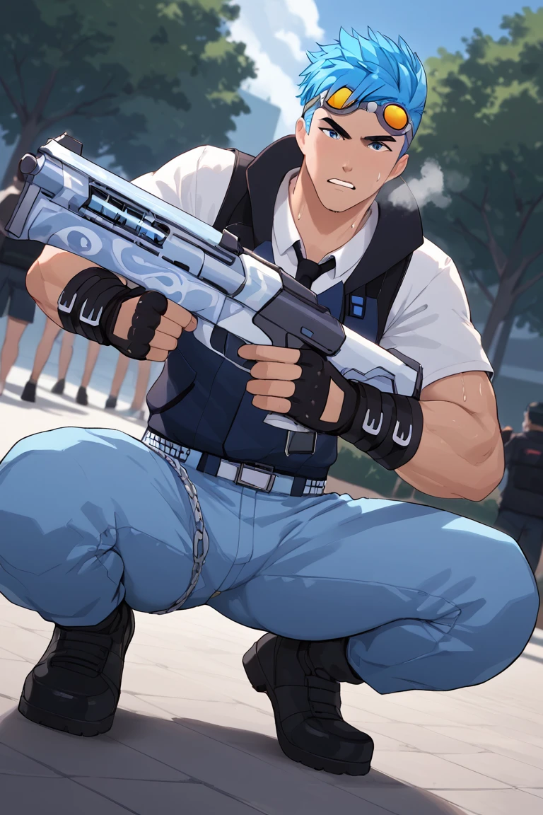 ,score_9, score_8_up, score_7_up, source_anime, rating_explicit, grey_Neptune_holding weapon, NeptuneRWBY, (blue_Neptune_spiked hair), blue_Neptune_eyes, 1stboy, 1stmale focus, mature male, manly, yellow_Neptune_goggles on head, vest, pants, military uniform, sweaty, heavy breathing, squatting, holding gun, hands with five fingers, fighting stance, blurry outdoor park, smart blur, from below, dutch angle