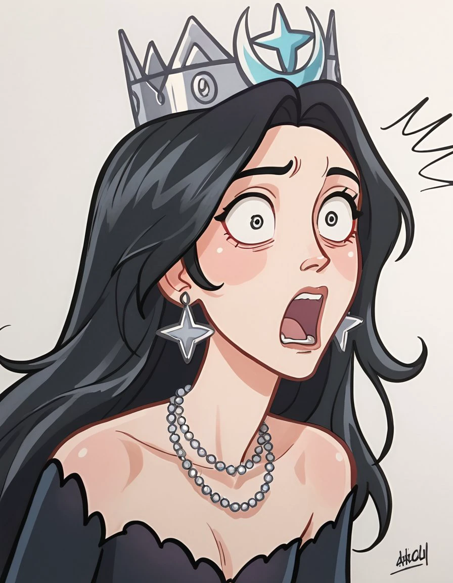 score_7_up, score_6_up, abarbucci-dh, traditional media BREAK, 1girl, shocked, solo, long hair, black hair,earrings, necklace, black dress, crown, star earrings <lora:Sirin:0.7> <lora:add-detail-xl:0.3> <lora:Artist_Style_-_Alessandro_Barbucci_Ekho_Sky_Doll_PDXL:0.7>