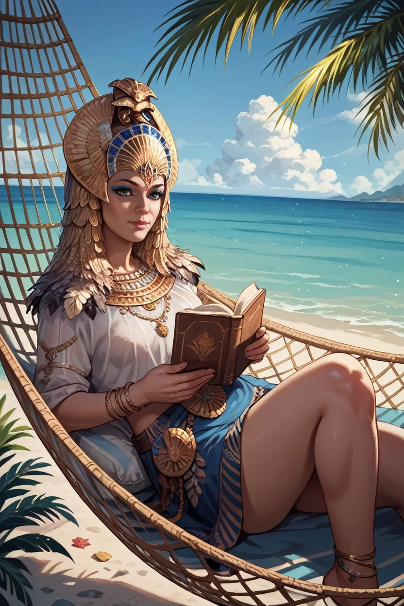 score_9, score_8_up, score_7_up, score_6_up
<lora:ACOIsidora:1>
ACOIsidora, 1girl, jewelry, golden feathers, looking at viewer, laying in a hammock, reading a book, tropical beach with palm trees swaying, clear blue sky and ocean, tranquil and leisurely setting