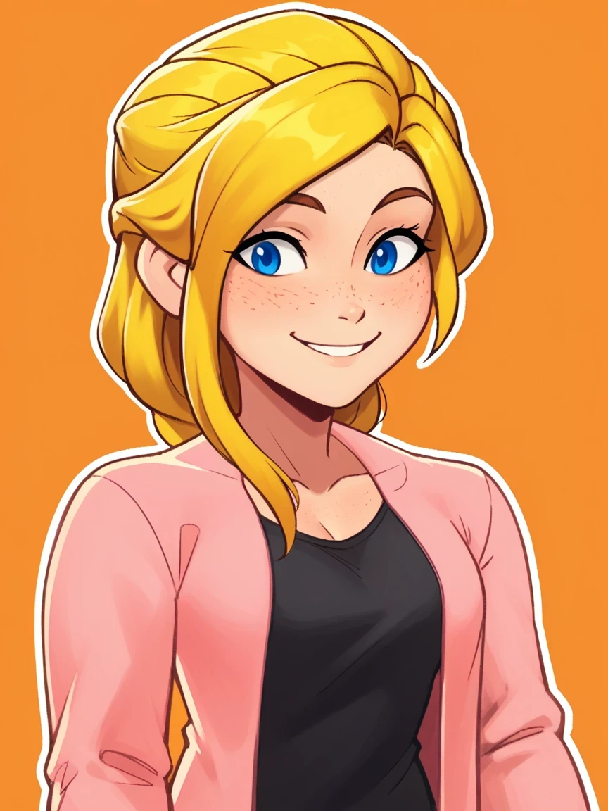 score_9, score_8_up, score_7_up, score_6_up, score_5_up, raichiyo33, 1girl, masterpiece, highres, orange background, solo 1girl, white outline, curvy, freckles, EmilyA, blue eyes, blonde hair, braid, shirt, black shirt, jacket, pink jacket, long sleeves, upper body, smile