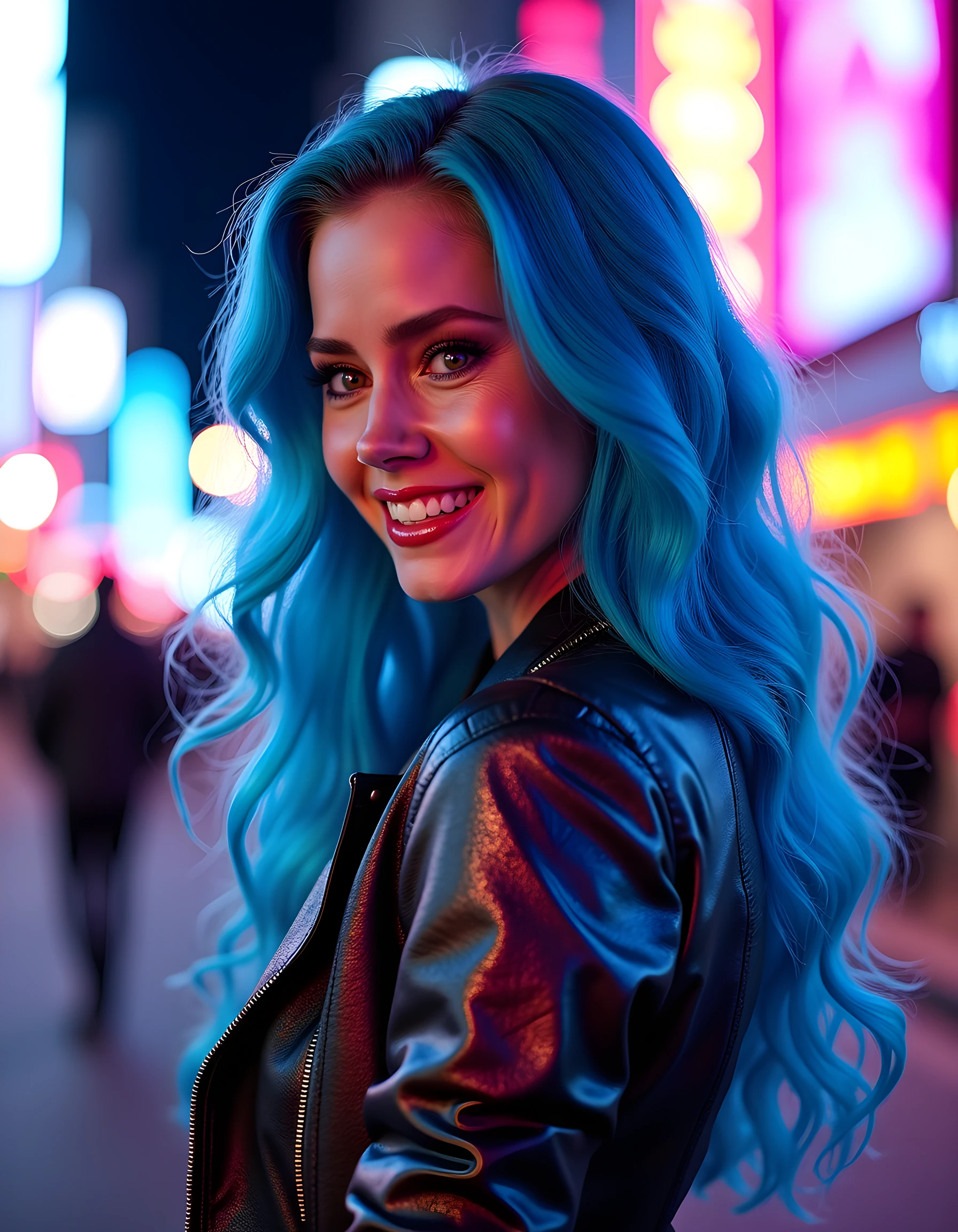 In a captivating, vibrant neon-noir setting of the bustling streets of Tokyo at night, the camera lingers in a close-up shot, focusing on Amy4D4MS, a woman with long, wavy blue hair that shimmers under the pulsating neon lights, her striking brown eyes sparkling with a radiant smile revealing perfectly white teeth and a pair of small, glittering earrings. She wears an avant-garde outfit consisting of a black leather jacket adorned with intricate silver patterns, a short, iridescent minidress, and matching thigh-high boots, all accentuating her confident posture and sleek silhouette. The image is bathed in a blend of warm neon lights and cool blue ambient light from the cityscape, creating a dramatic contrast that emphasizes the vibrant energy of both Amy4D4MS and the urban environment she inhabits. Her poise and self-assured expression radiate an air of mystery, allure, and unstoppable determination, as if she is ready to conquer the world with her unique style and charisma.