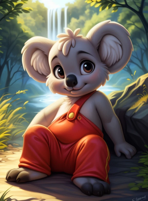 <lora:BlinkyBillAmyRosMilPowAroYif:1> BlinkyBillAmyRosMilPowAro, koala, gray fur, chibi, small body, red pants with suspenders,
Looks at the viewer, [  solo, (nature), forest, day, clouds, waterfall,]  (laying down) 
(beautiful, aesthetic, perfect, delicate, intricate, saturated colors), masterpiece, digital drawing, best quality,
by ulitochka, by taran fiddler, by Silverfox5213, by personalami,