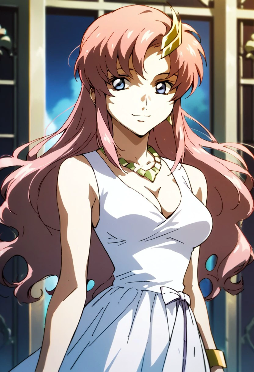 score_9,score_8_up,score_7_up,source_anime, Lacus Clyne,1girl,solo,breasts,smile,hair ornament,dress,cleavage,jewelry,medium breasts,necklace,white dress,bracelet