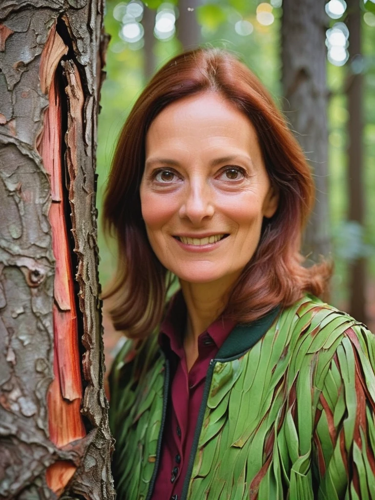 a professional absurdres sharp focus intricately detailed photograph of (Rossella_Falk:1.1), with a slight grin,
in a tree stand where the trees have glowing green and red bark and reflective glass leaves,
 <lora:Rossella_Falk-SDXLe13:0.8>